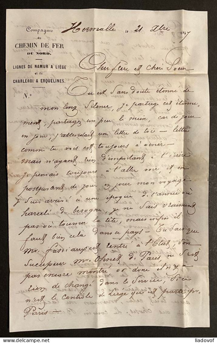 Lettre 21/12/1857 - Affr. OBP 6 Obl. M.V. Ambulant Du Midi No 5 - Manuscrit HERMALLE - 1851-1857 Medaillen (6/8)