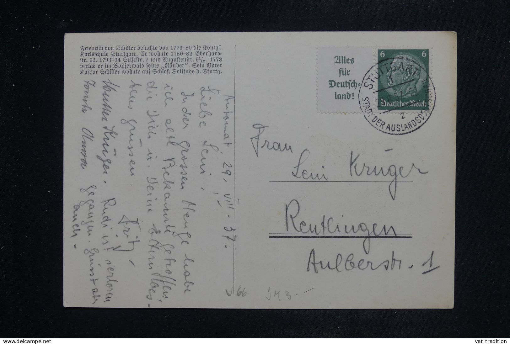 ALLEMAGNE - Affranchissement De Stuttgart Sur Carte Postale De Schiller En 1937 - L 151100 - Lettres & Documents