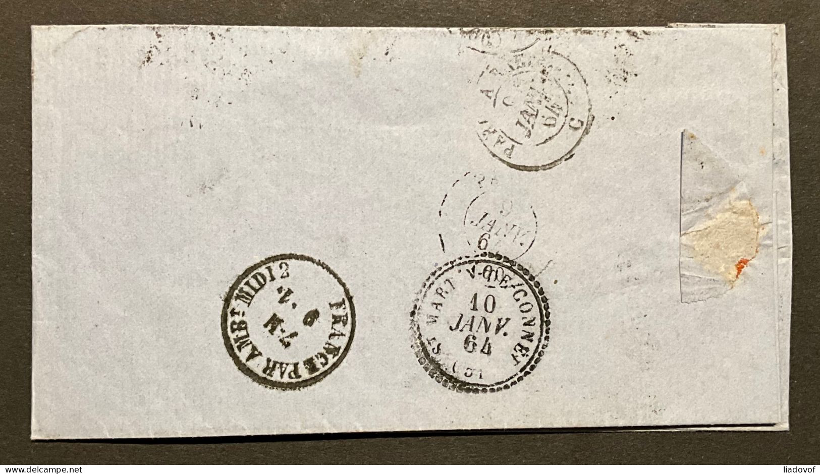 Lettre 09/01/1864 - Affr. OBP 15 Obl. M.II. Ambulant Du Midi No 2 > St Martin De Connet - 1863-1864 Medallions (13/16)