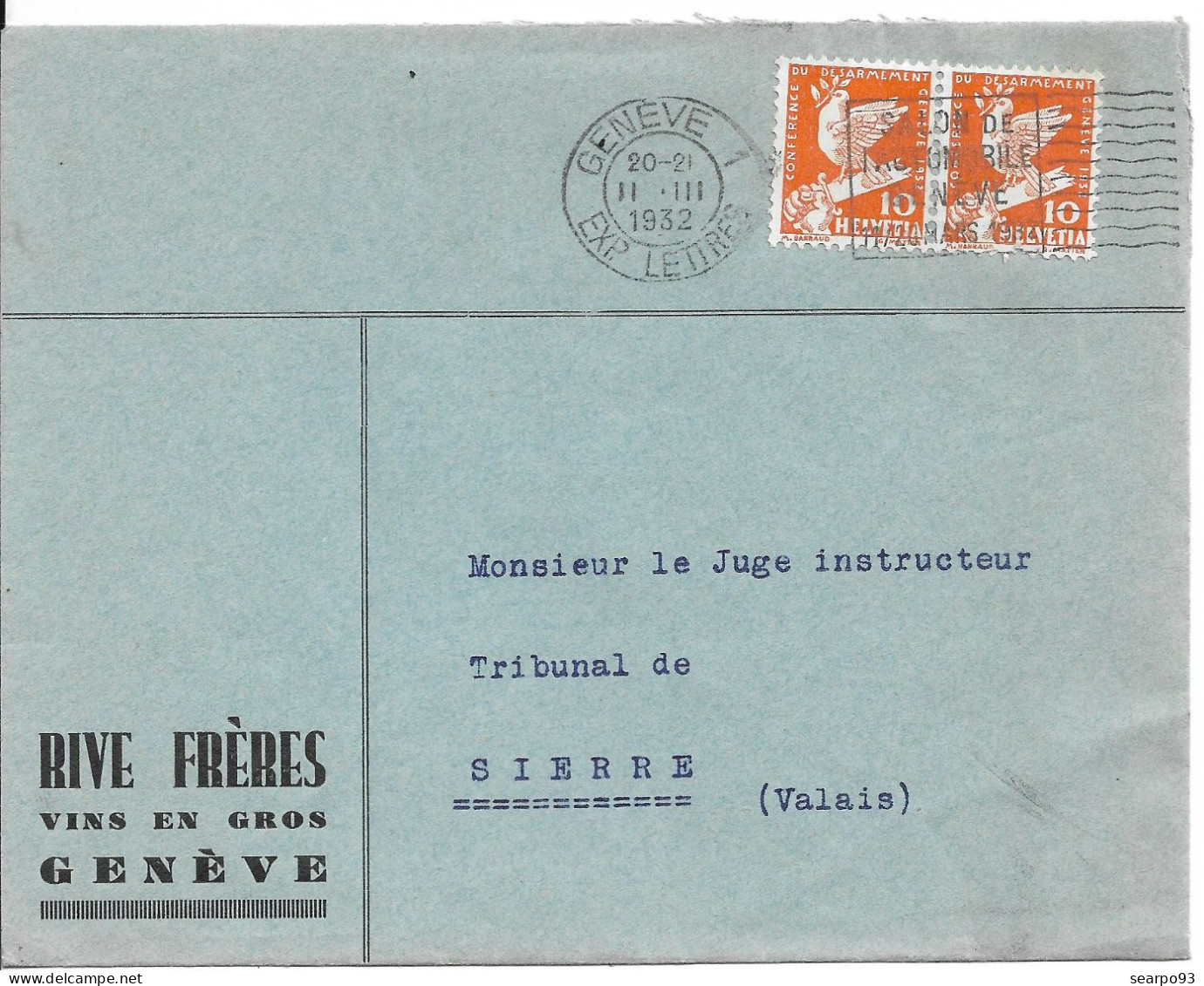 SWITZERLAND. COVER FROM GENEVE TO SIERRE. 1932 - Lettres & Documents