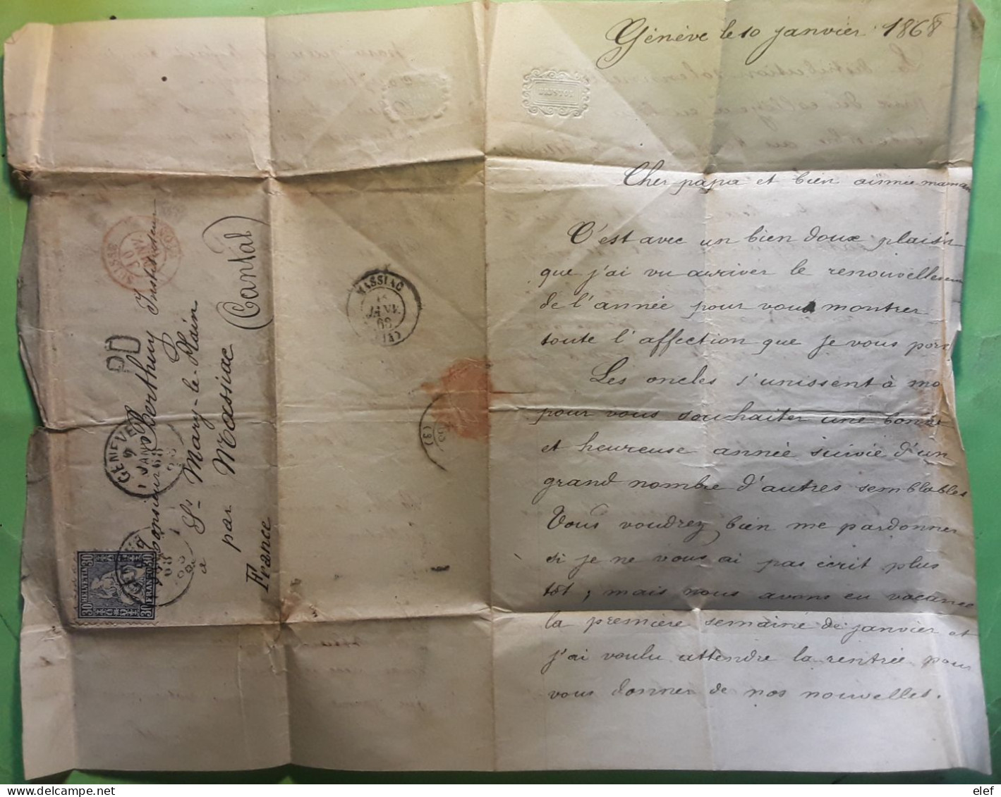 Lettre De Famille GENEVE,Helvetia 46,30 C Outremer,cachet PD ,rouge SUISSE F.FON > ST MARY LE PLAIN Massiac Cantal 1868 - Covers & Documents