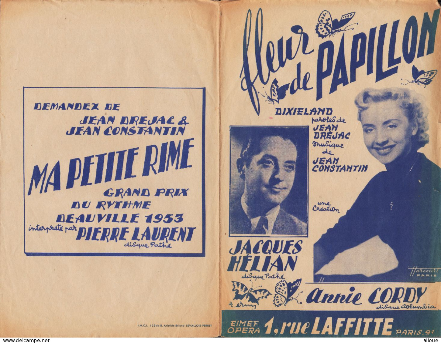 ANNIE CORDY - JACQUES HELIAN - FLEUR DE PAPILLON - Scores & Partitions