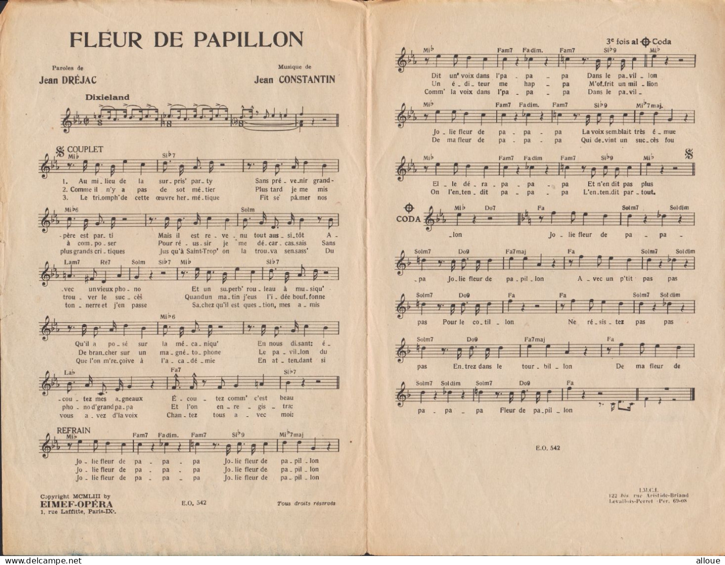 ANNIE CORDY - JACQUES HELIAN - FLEUR DE PAPILLON - Partitions Musicales Anciennes