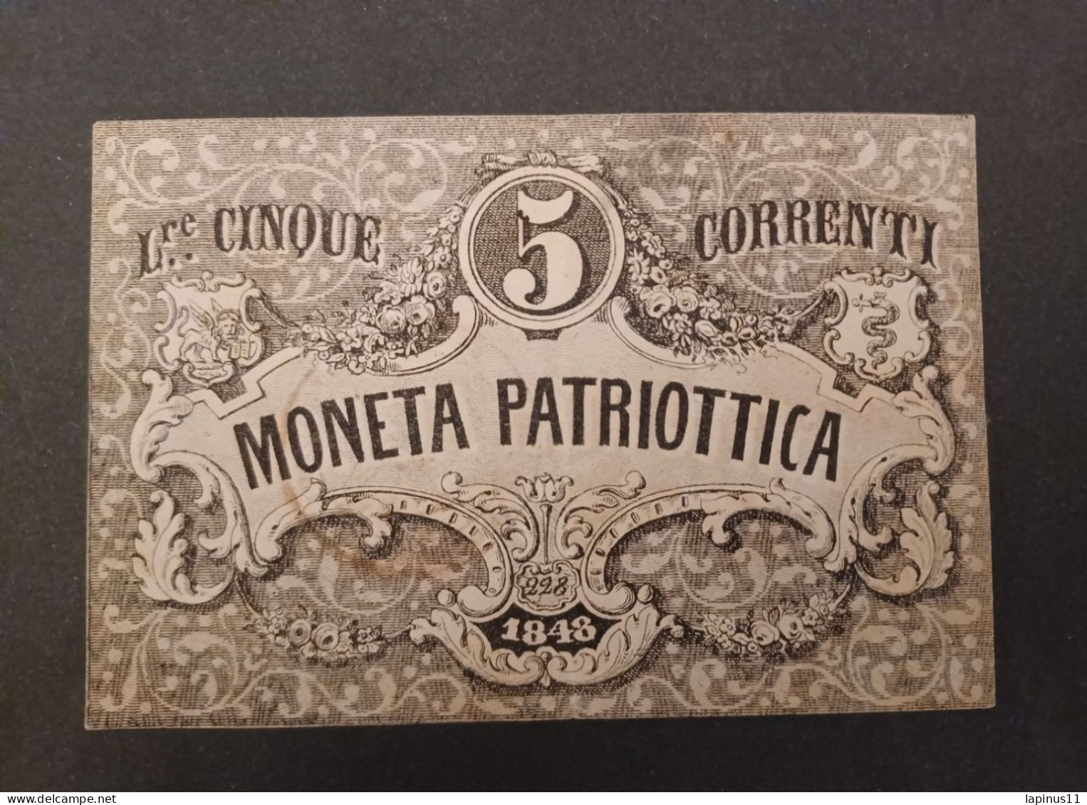 BANKNOTE ITALIA GRAND DUCATO DI VENEZIA 1848 ANTICHI STATI 5 LIRE MONETA PATRIOTTICA - Biglietti Gia Consorziale