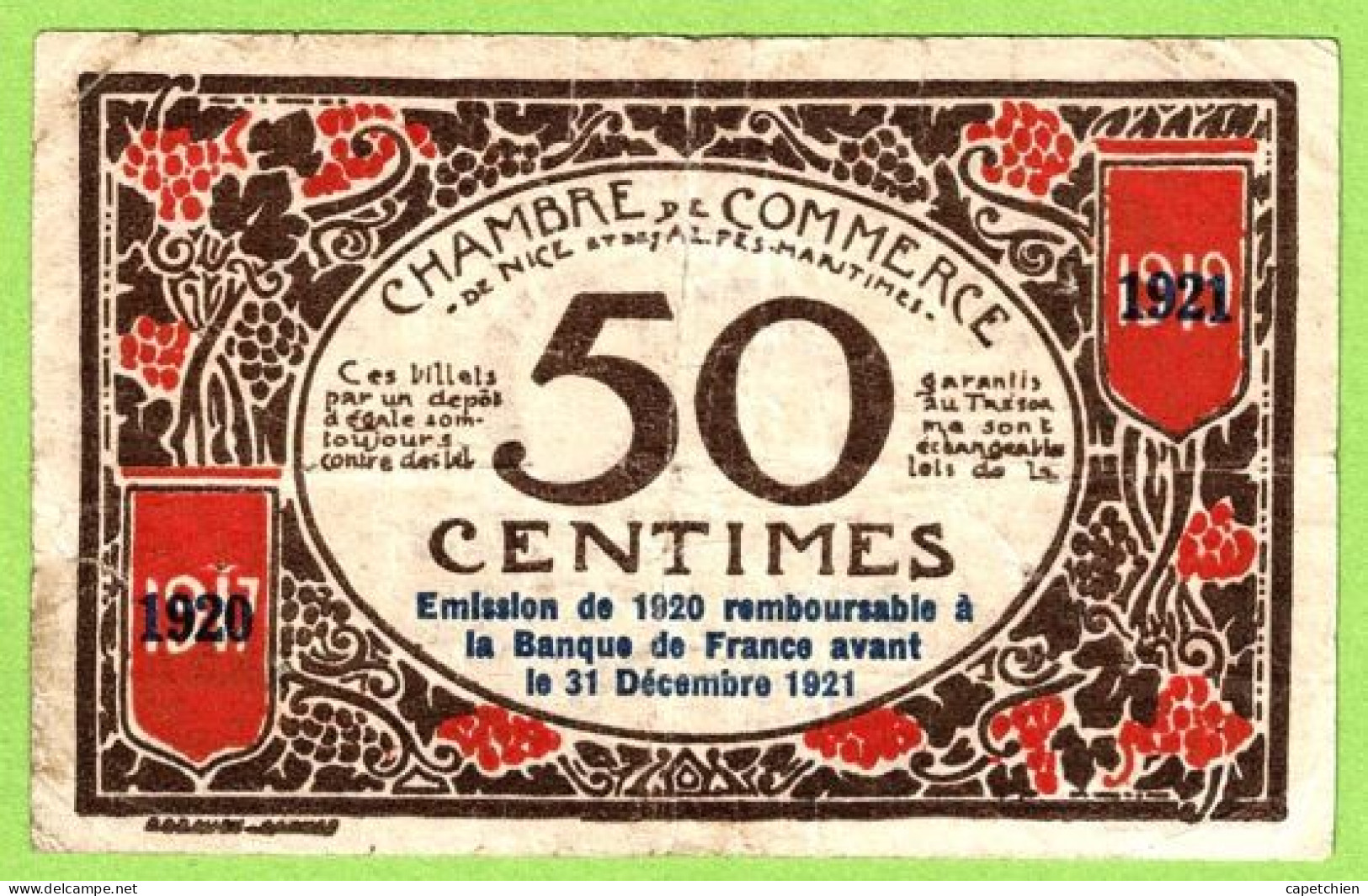 FRANCE / CHAMBRE De COMMERCE / NICE - ALPES MARITIMES / 50 CENTIMES / 1917 - 1921 SURCHARGE 1920 - 1921 / N° 17466 - Chambre De Commerce