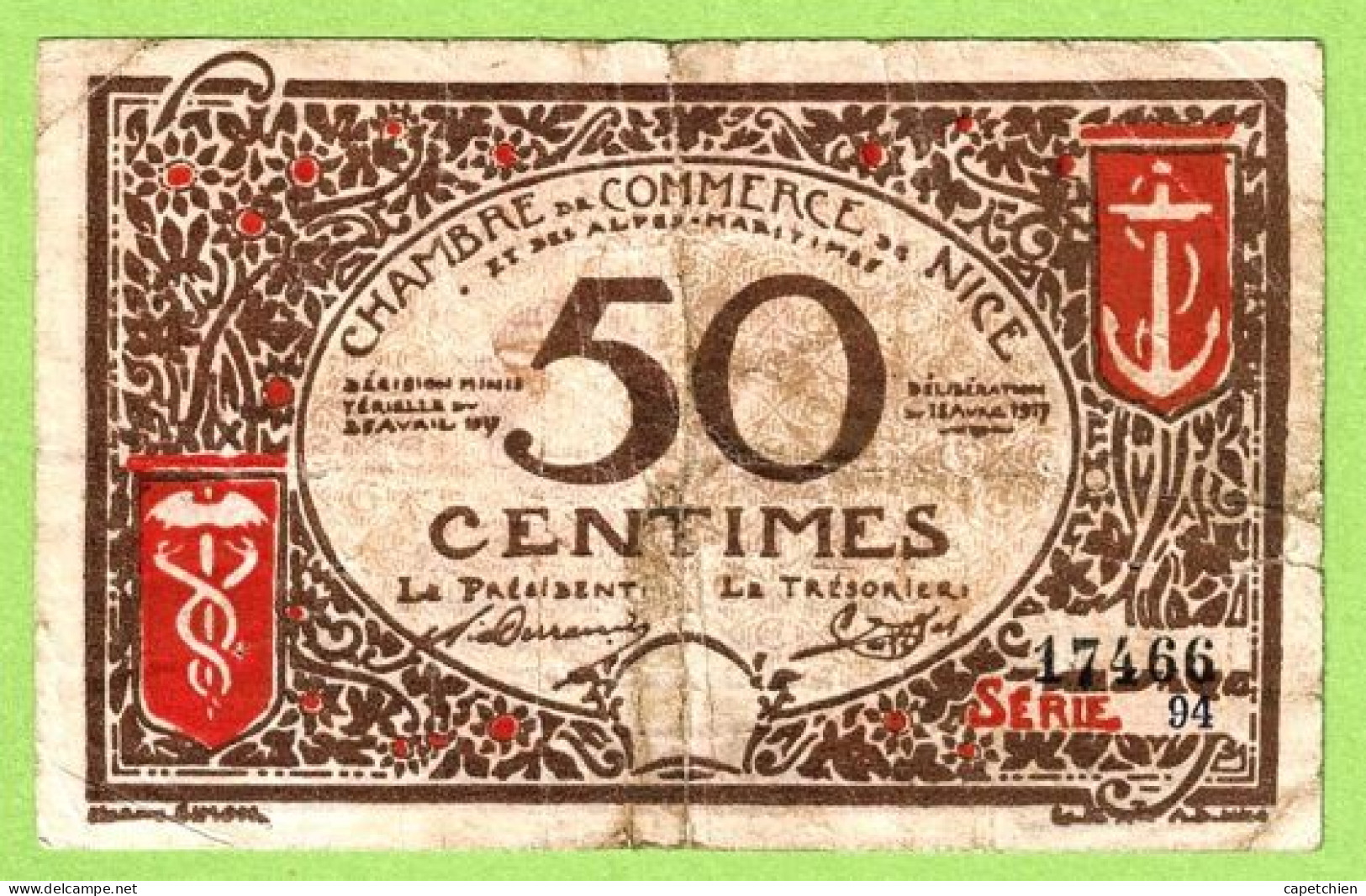 FRANCE / CHAMBRE De COMMERCE / NICE - ALPES MARITIMES / 50 CENTIMES / 1917 - 1921 SURCHARGE 1920 - 1921 / N° 17466 - Chamber Of Commerce