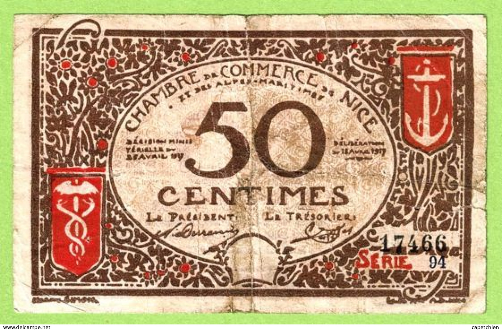 FRANCE / CHAMBRE De COMMERCE / NICE - ALPES MARITIMES / 50 CENTIMES / 1917 - 1921 SURCHARGE 1920 - 1921 / N° 17466 - Cámara De Comercio