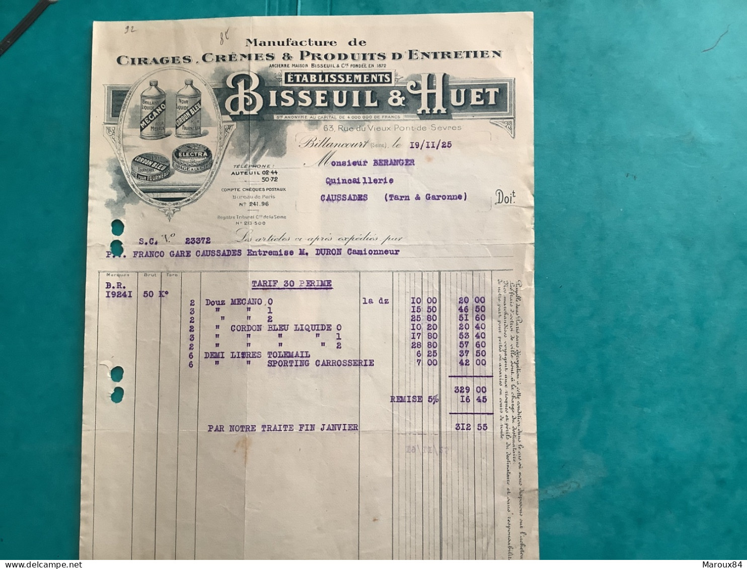 92/ Fact Manufacture De Cirages Crèmes Et Produits D’entretiens Ets Bissuil Et Huet A Billancourt 1925 - Chemist's (drugstore) & Perfumery