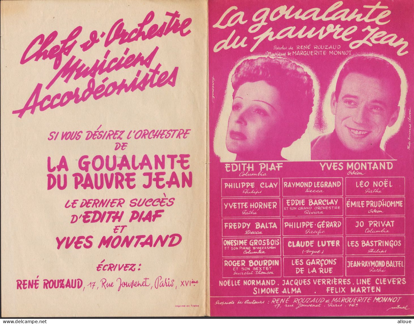 EDITH PIAF - YVES MONTAND - LA GOULANTE DU PAUVRE JEAN - Spartiti