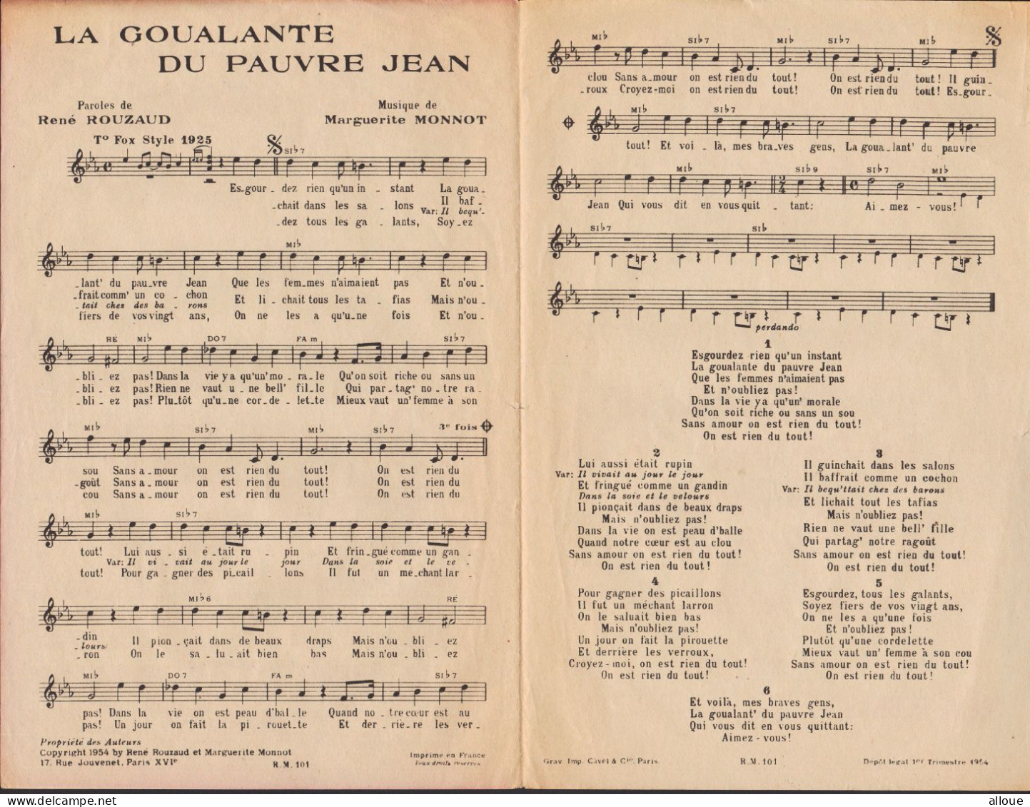 EDITH PIAF - YVES MONTAND - LA GOULANTE DU PAUVRE JEAN - Spartiti