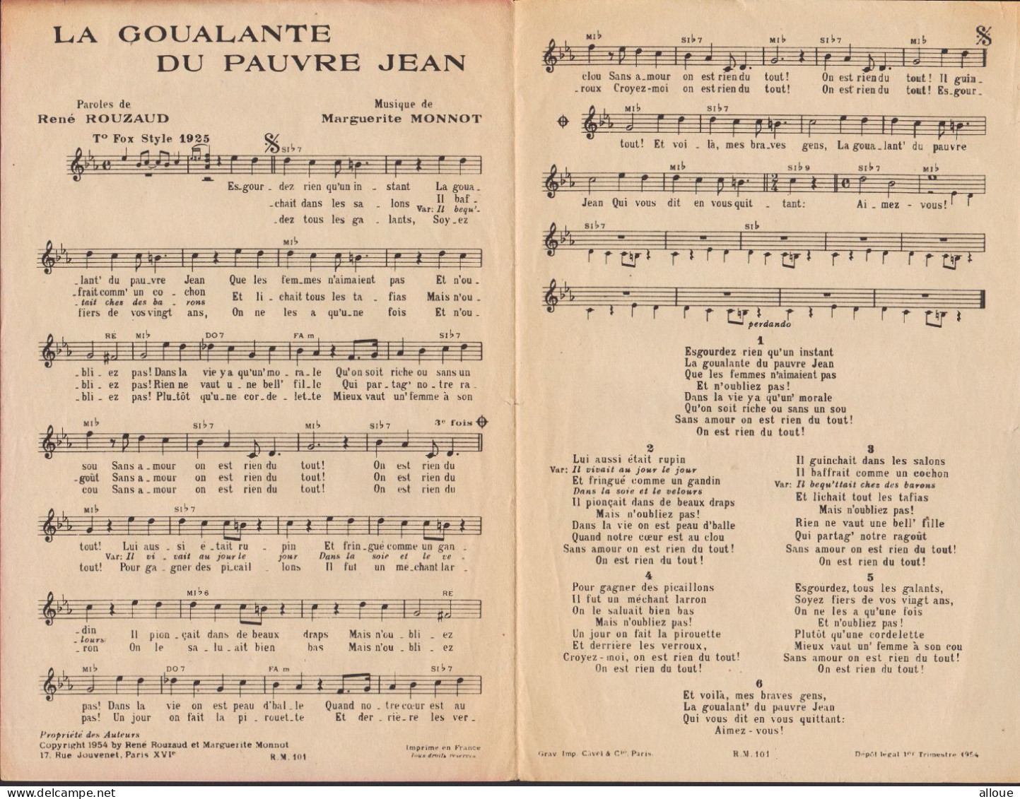 EDITH PIAF - YVES MONTAND - LA GOULANTE DU PAUVRE JEAN - Partitions Musicales Anciennes