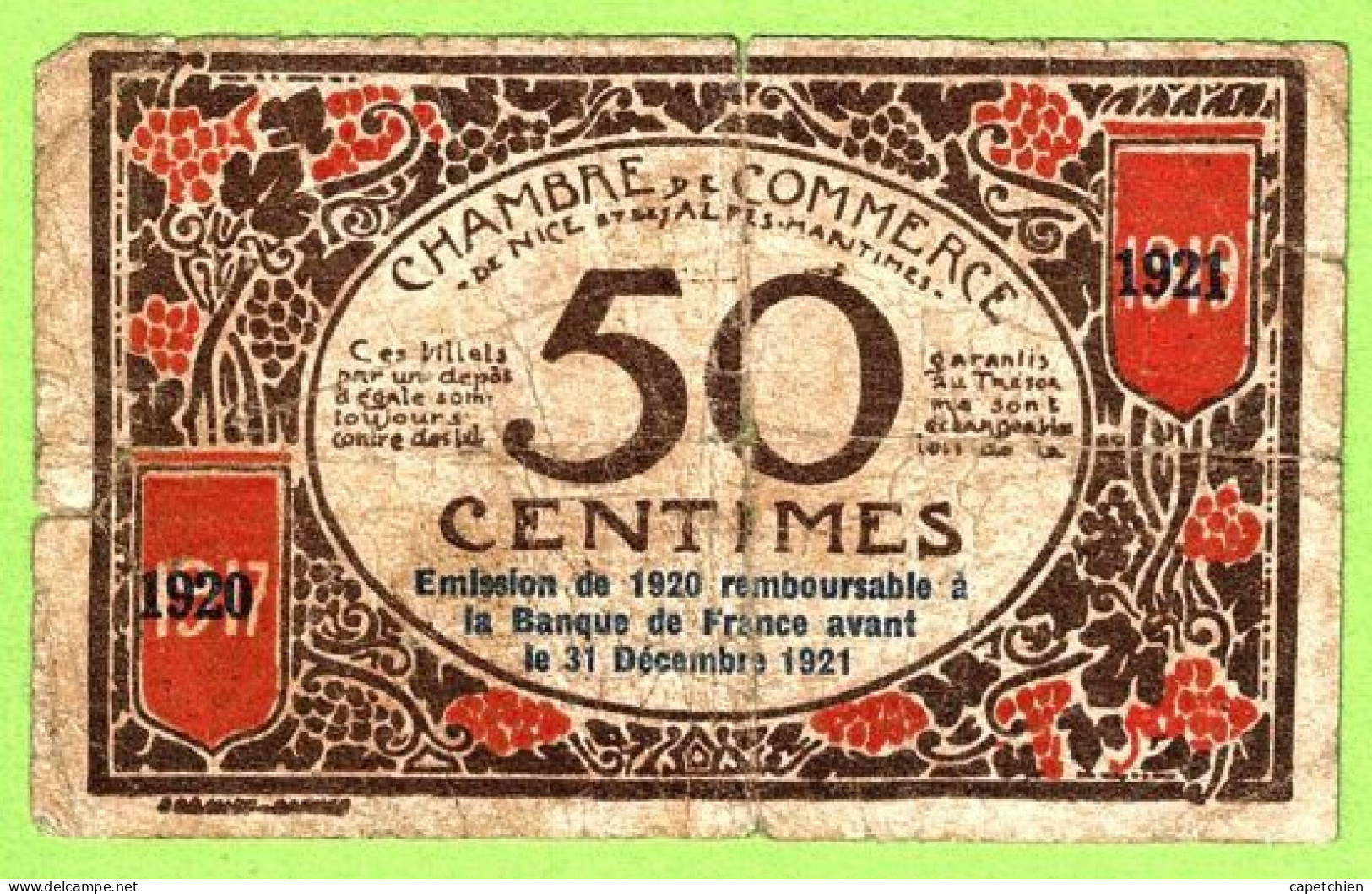 FRANCE / CHAMBRE De COMMERCE / NICE - ALPES MARITIMES / 50 CENTIMES / 1917 - 1921 SURCHARGE 1920 - 1921 / N° 00374 - Chamber Of Commerce