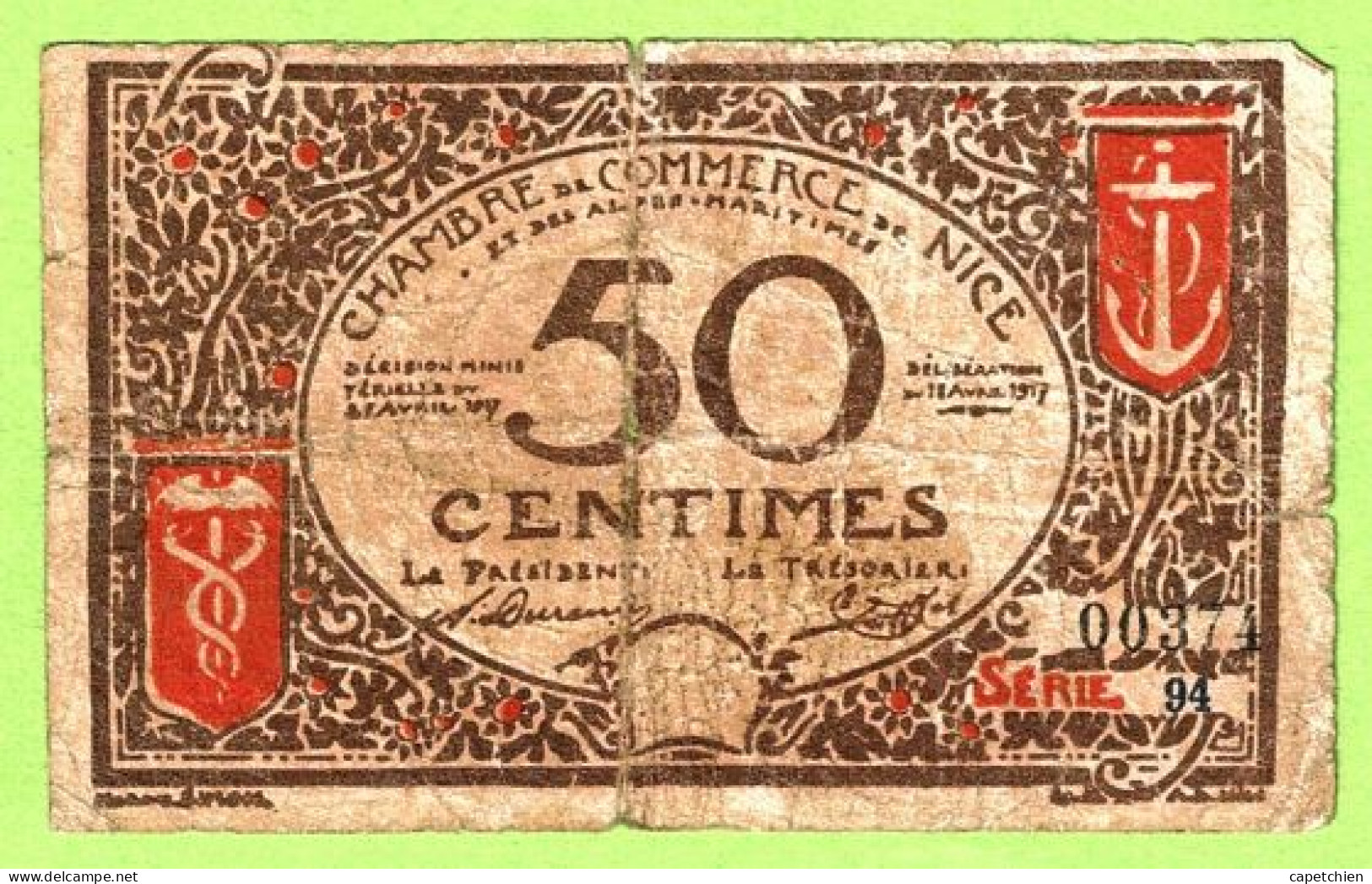 FRANCE / CHAMBRE De COMMERCE / NICE - ALPES MARITIMES / 50 CENTIMES / 1917 - 1921 SURCHARGE 1920 - 1921 / N° 00374 - Camera Di Commercio