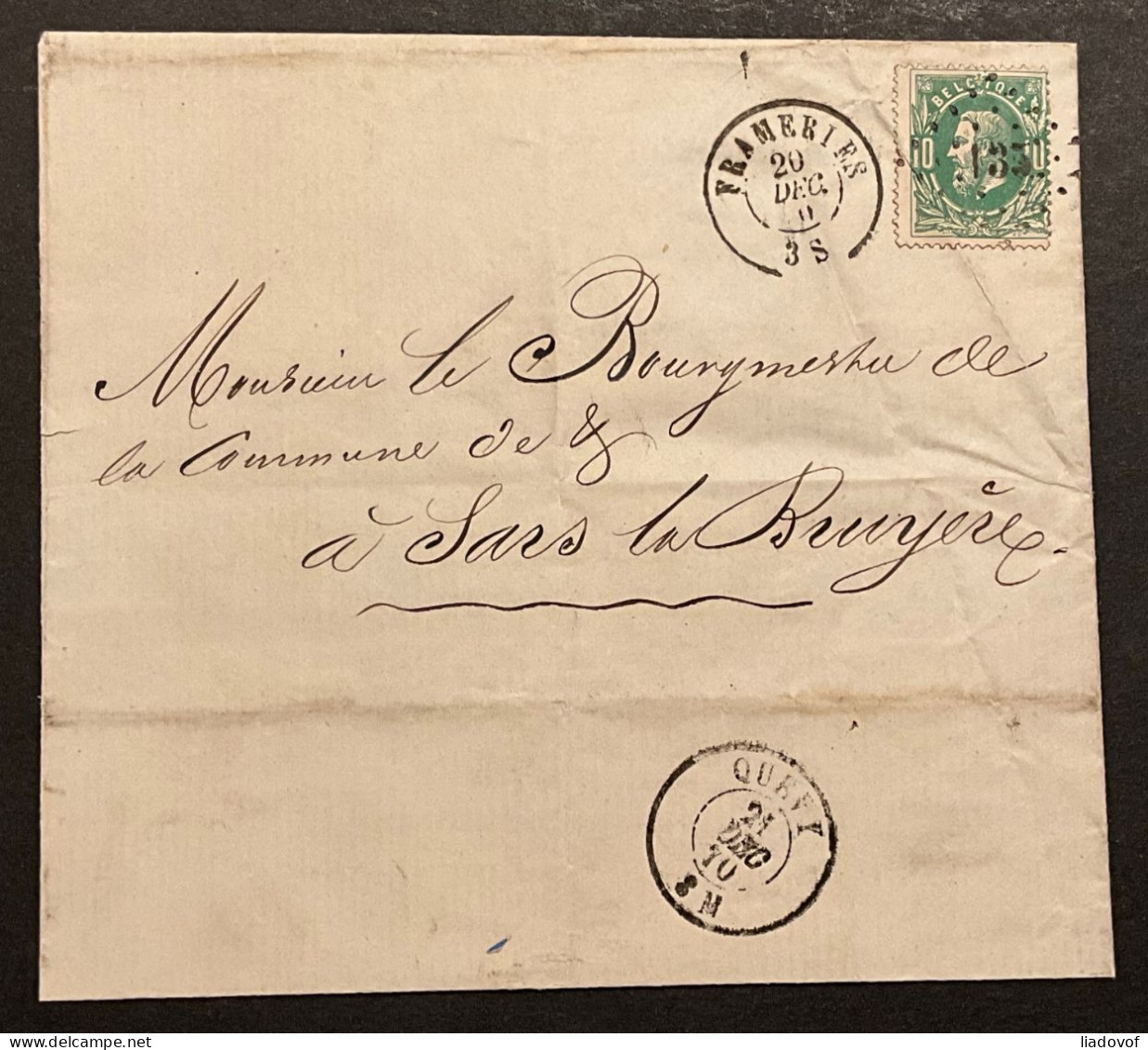 Lettre 20/12/1870 - Affr. OBP 30 PREMIER TIRAGE Obl. LP135 Frameries Vers. Sars La Bruyere - 1869-1883 Leopold II