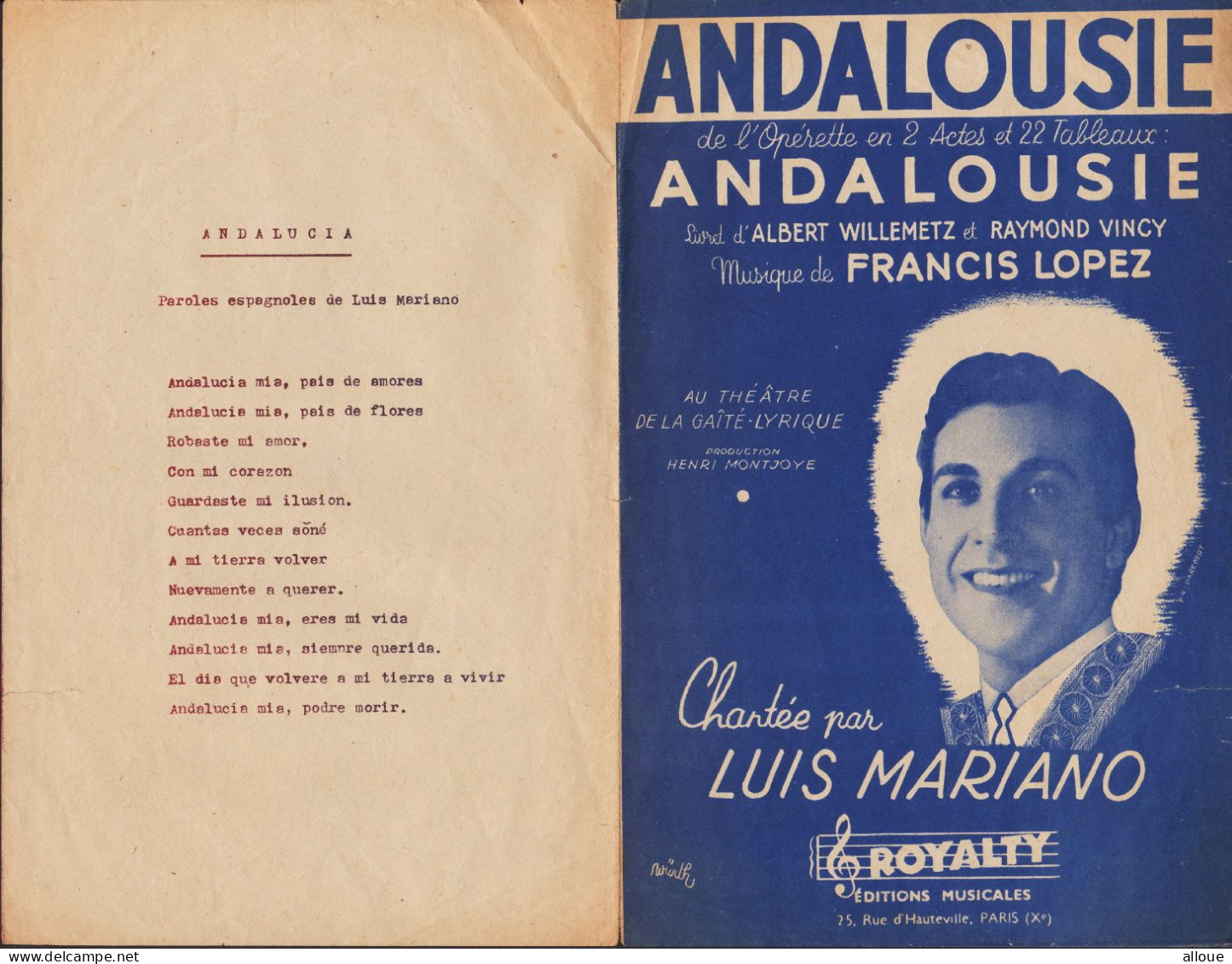 LUIS MARIANO - ANDALOUSIE - Partitions Musicales Anciennes