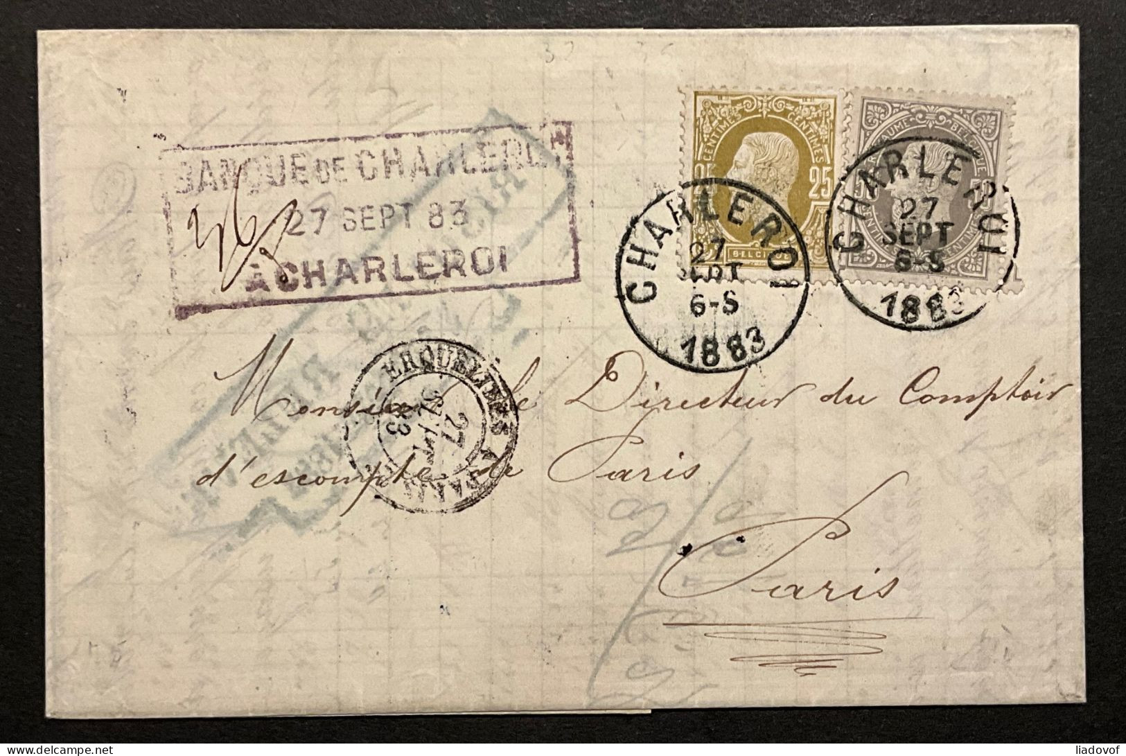 Lettre Recommandé 27/09/1883 - Affr. OBP 33+35 Obl. EC CHARLEROI Vers Paris (FR) Marque De Passage Erquelinnes - 1869-1883 Leopold II.