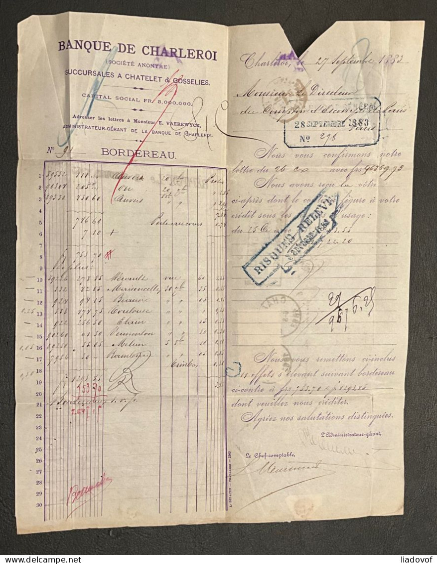 Lettre Recommandé 27/09/1883 - Affr. OBP 33+35 Obl. EC CHARLEROI Vers Paris (FR) Marque De Passage Erquelinnes - 1869-1883 Leopoldo II