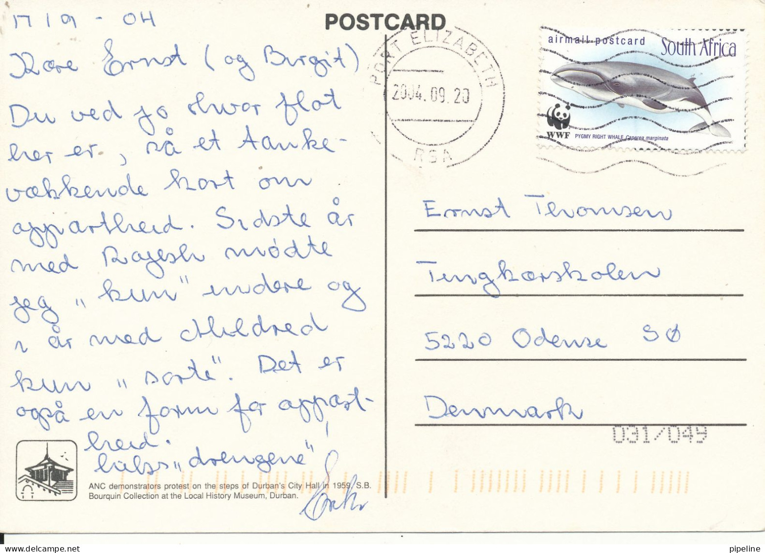 South Africa Postcard Sent To Denmark 20-9-2004 (Boycott Apartheid) - Südafrika