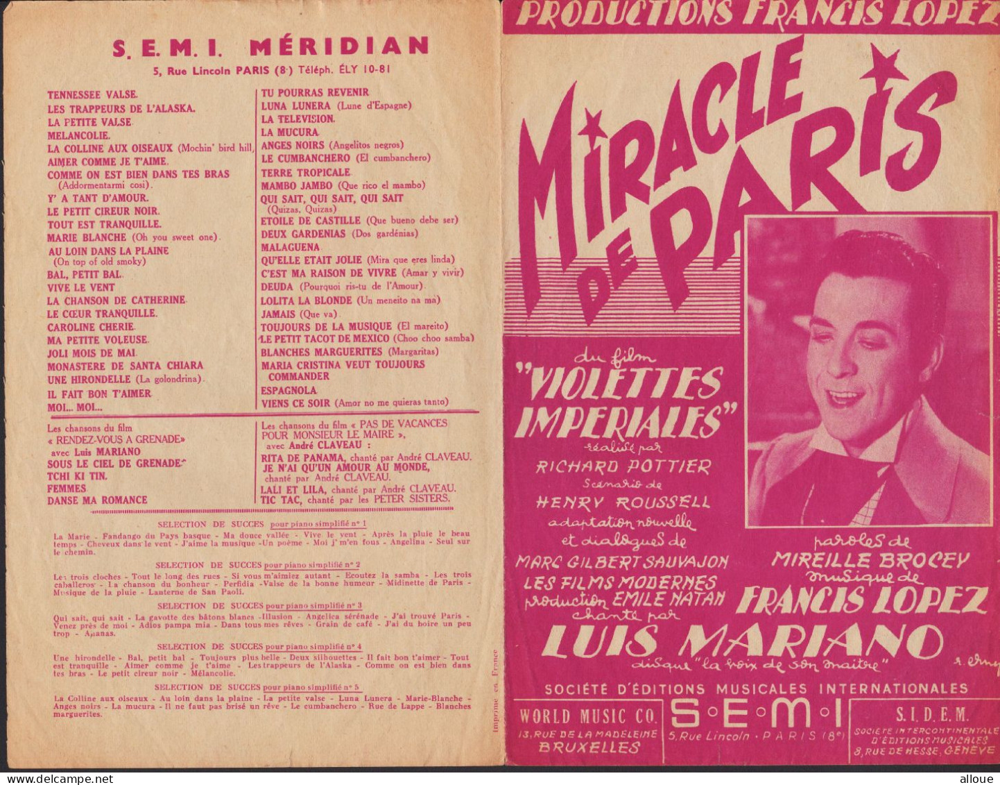 LUIS MARIANO - MIRACLE DE PARIS - Partitions Musicales Anciennes