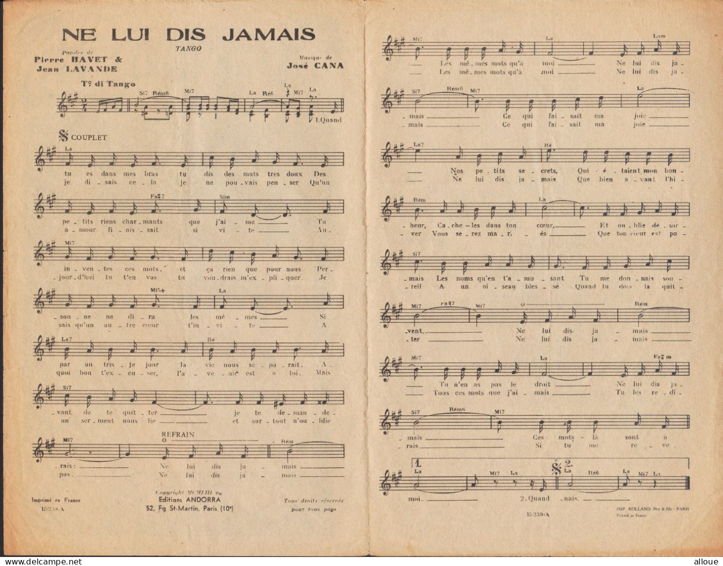 MARIE JOSE - NE LUI DIT JAMAIS - Partitions Musicales Anciennes