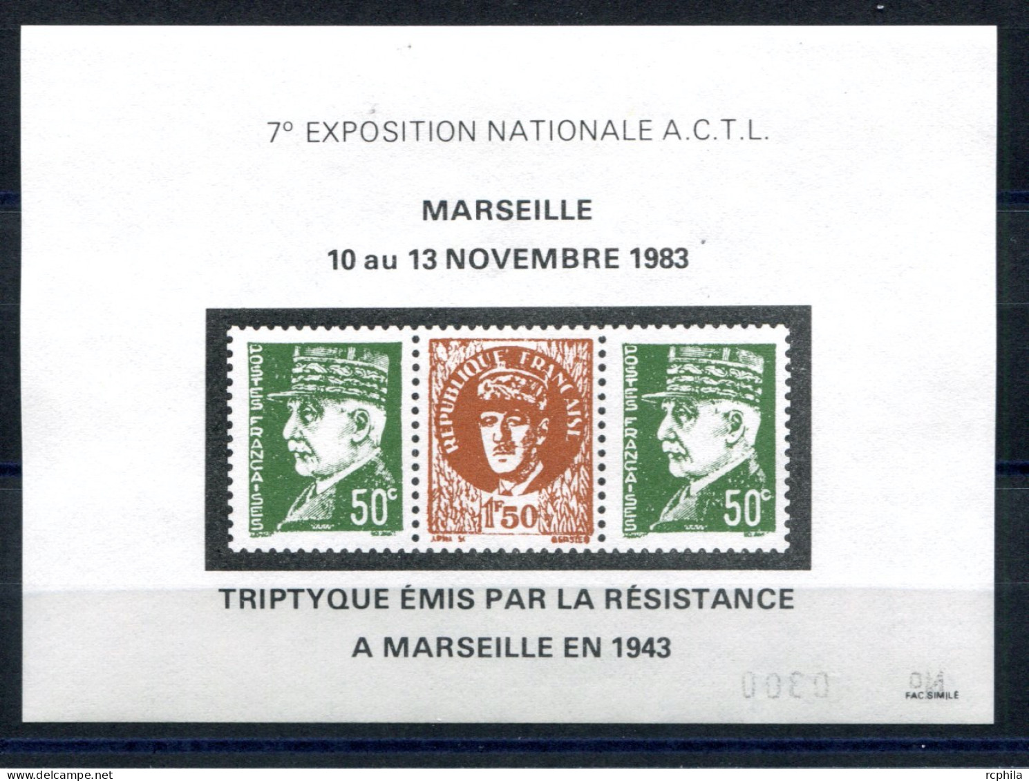 RC 27328 FRANCE 1983 TRIPTYQUE EMIS PAR LA RÉSISTANCE MARSEILLE 1943 BLOC FEUILLET FAC SIMILÉ EMIS LORS DE L EXPOSITION - Briefmarkenmessen