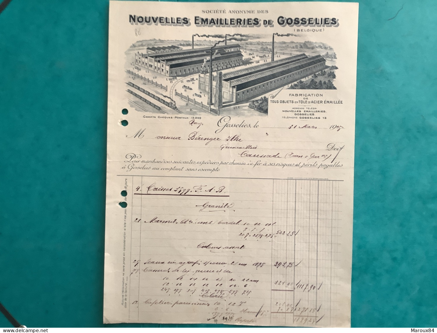 Belgique/ Fact Nouvelles Emailleries De Gosselies 1905 - Ambachten
