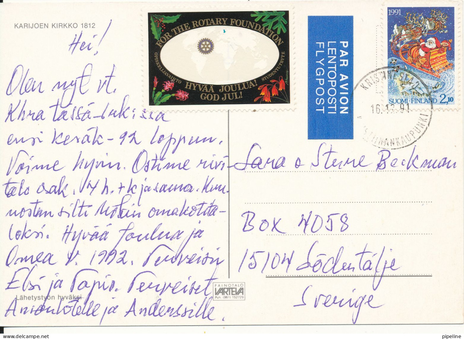 Finland Postcard Christmas Card Sent To Sweden Kristinestad 16-12-1991 - Finlandia