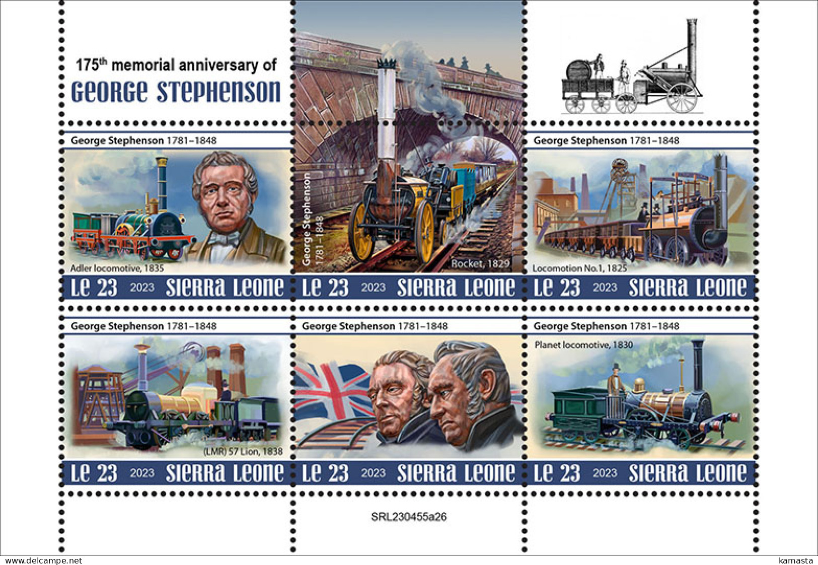 Sierra Leone  2023 175th Memorial Anniversary Of George Stephenson. (445a26) OFFICIAL ISSUE - Trenes