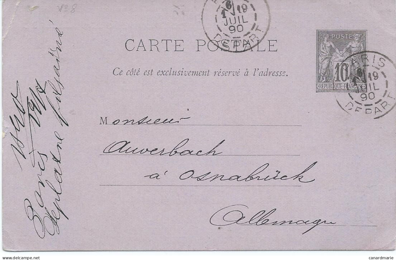 CARTE POSTALE 10 CT SAGE 1890 AVEC REPIQUAGE LEPLATRE FILS AINE PARIS - Overprinter Postcards (before 1995)
