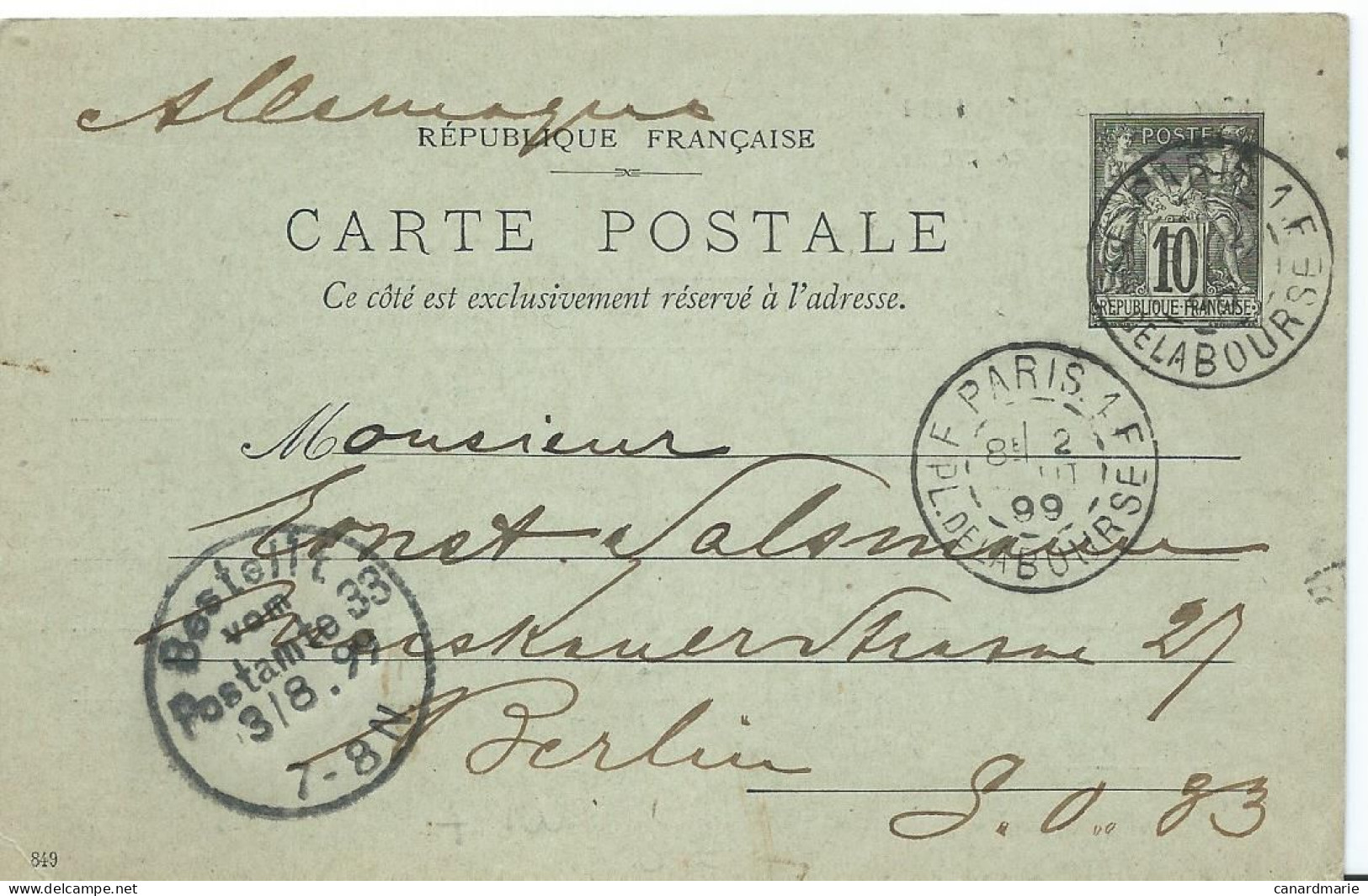 CARTE POSTALE 10 CT SAGE 1899 AVEC REPIQUAGE KAHN & KAHN PARIS - Overprinter Postcards (before 1995)