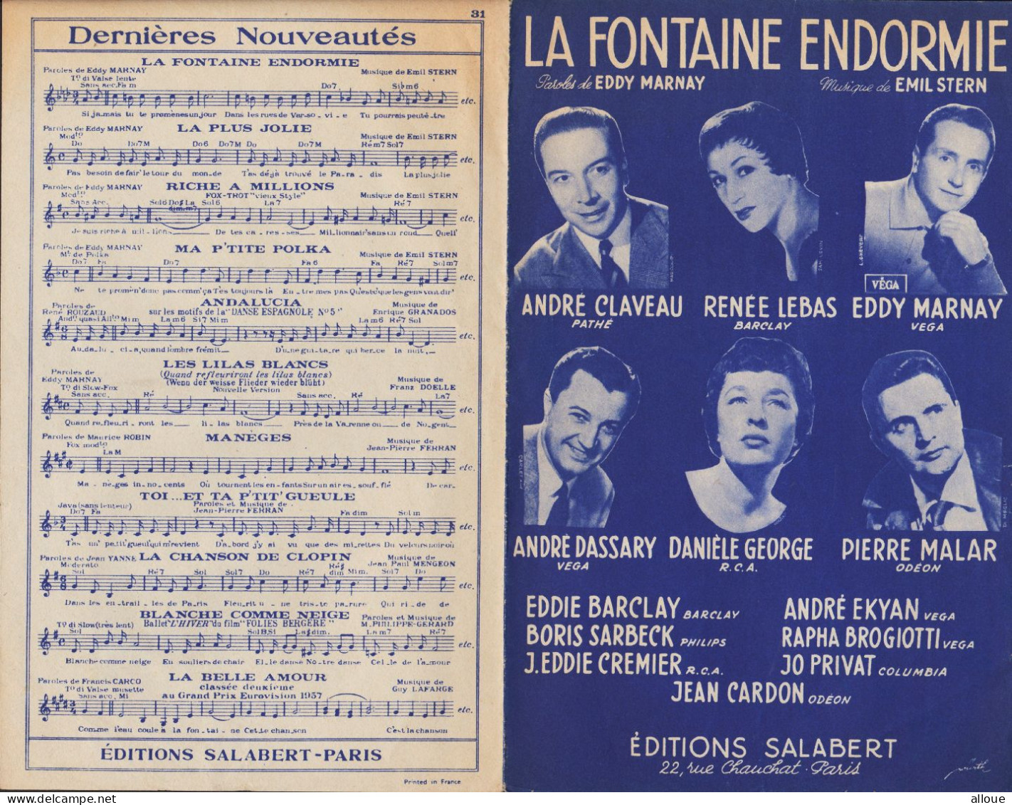 ANDRE CLAVEAU - RENE LEBAS - ANDRE DASSARY - EDDY MARNAY ETC... LA FONTAINE ENDORMIE - Partitions Musicales Anciennes