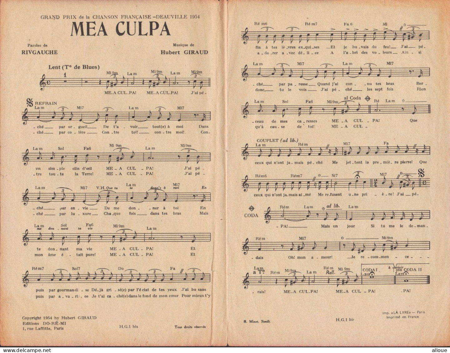 EDITH PIAF - MOULOUDJI - JACQUES HELLIAN - LINE ANDRES - MEA CULPA - Scores & Partitions