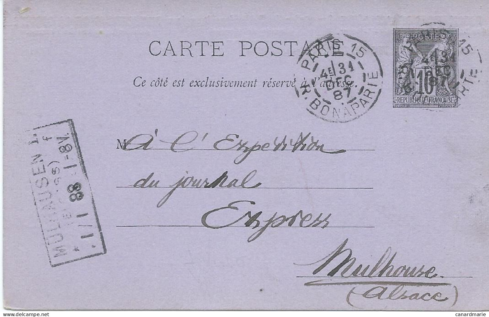 CARTE POSTALE 10 CT SAGE 1887 AVEC REPIQUAGE LIBRAIRIE C. KLINCKSIECK PARIS - Overprinter Postcards (before 1995)