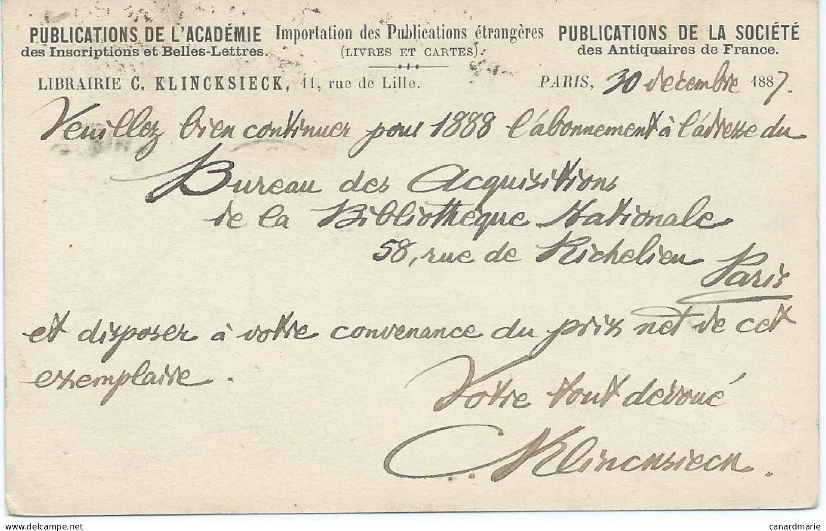 CARTE POSTALE 10 CT SAGE 1887 AVEC REPIQUAGE LIBRAIRIE C. KLINCKSIECK PARIS - Overprinter Postcards (before 1995)