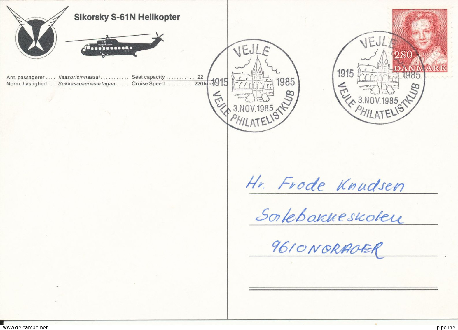 Denmark Postcard Vejle Philatelistklub 3-11-1985 70 Anniversary (SIKORSKY S-61N HELICOPTER) - Dinamarca