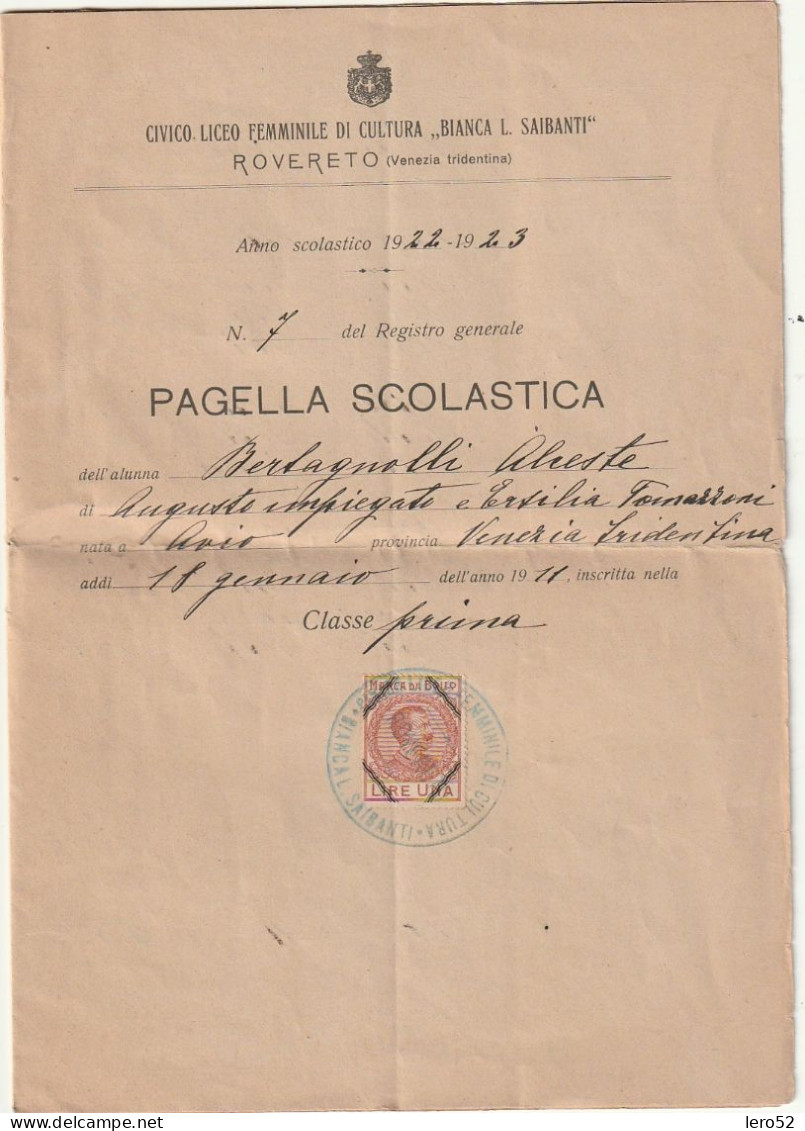 ROVERETO PAGELLA SCOLASTICA CIVICO LICEO BIANCA SAIBANTI CLASSE I ANNO 1922/1923 - Diplômes & Bulletins Scolaires
