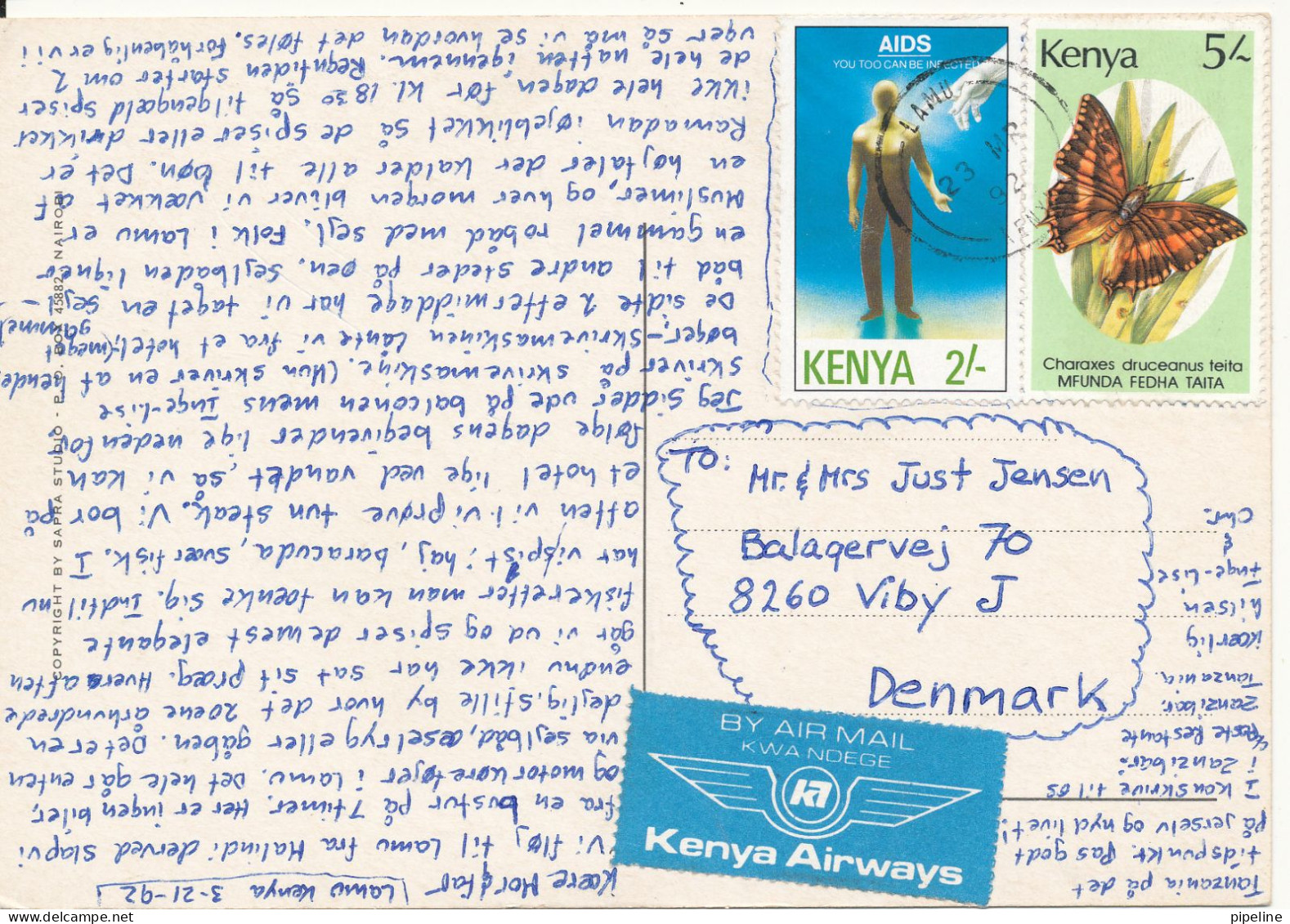 Kenya Postcard Sent To Denmark 23-3-1992 (Beautiful Kenya) - Namibië