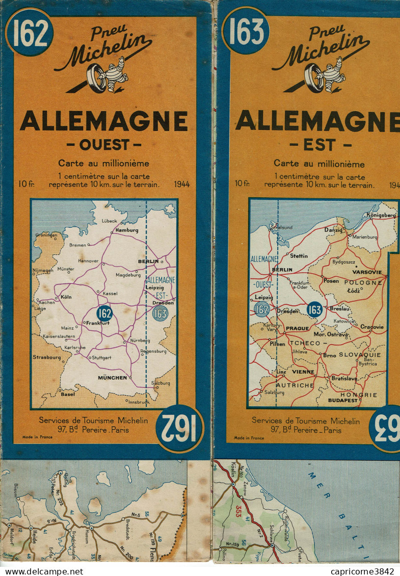 2 Cartes Routières MICHELIN D'ALLEMAGNE Est Et Ouest - N° 162 Et 163 - Editions 1944 Et 1945 - Cartes Routières