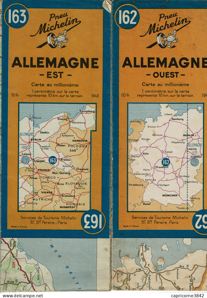 2 Cartes Routières MICHELIN D'ALLEMAGNE Est Et Ouest - N° 162 Et 163 - Editions 1944 Et 1945 - Cartes Routières