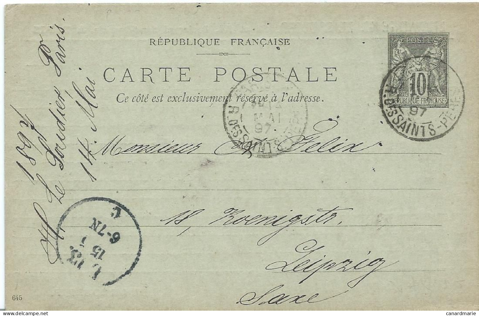 CARTE POSTALE 10 CT SAGE 1897 AVEC REPIQUAGE LIBRAIRIE H. LE SOUDIER PARIS - Overprinter Postcards (before 1995)