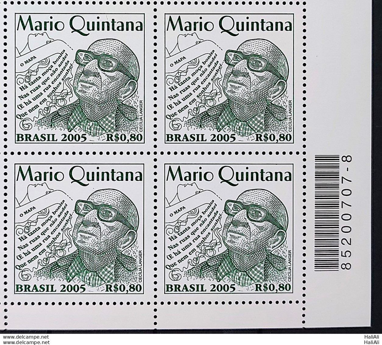 C 2620 Brazil Stamp Mario Quintana Literature Poet 2005 Block Of 4 Bar Code - Neufs