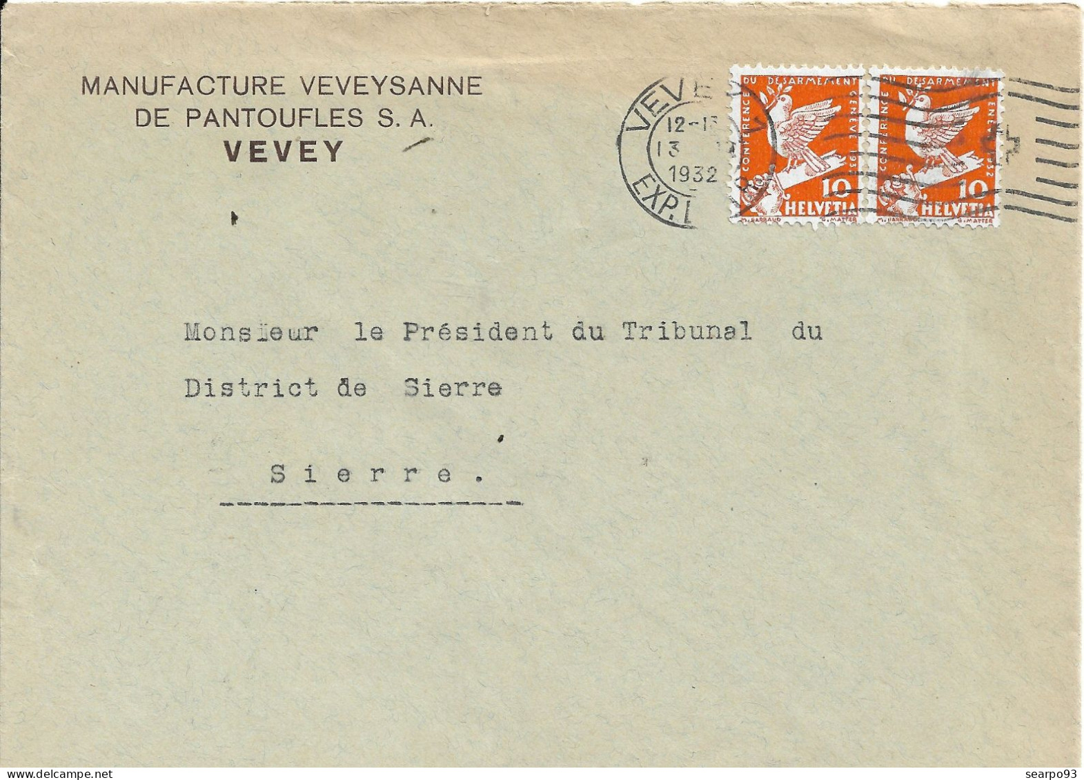 SWITZERLAND. COVER FROM VEVEY TO SIERRE. 1932 - Covers & Documents