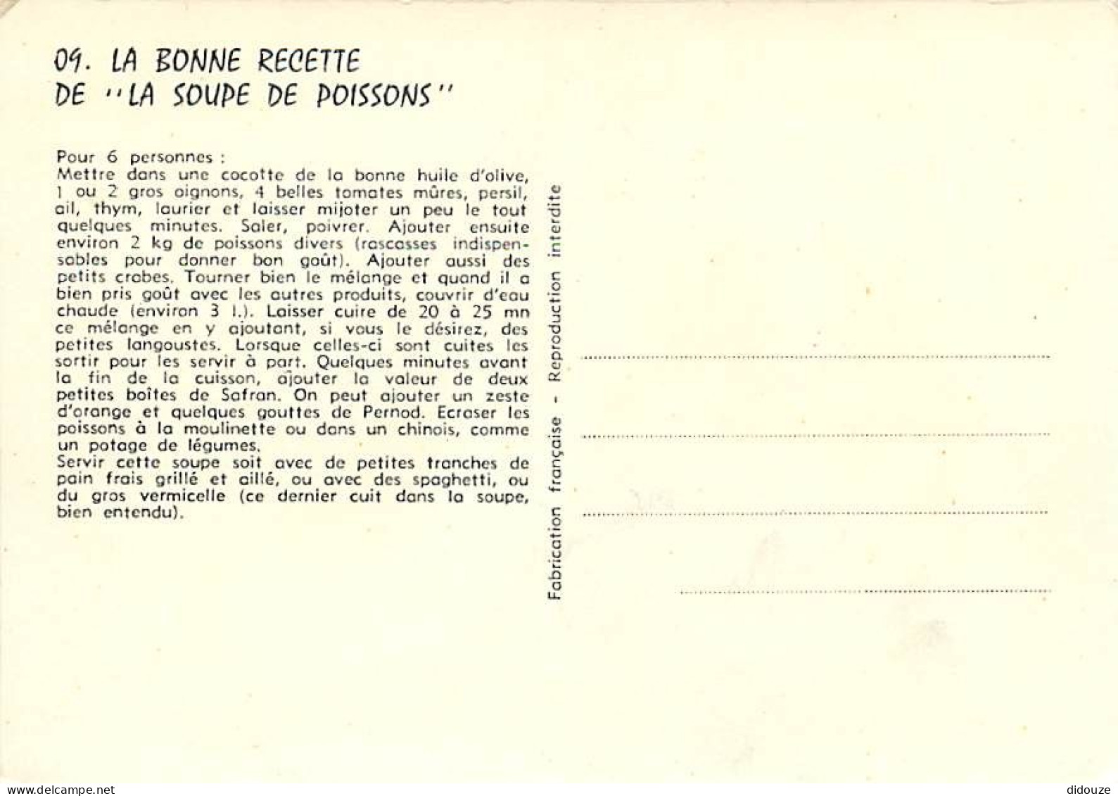 Recettes De Cuisine - Soupe De Poissons - Carte Neuve - Gastronomie - CPM - Voir Scans Recto-Verso - Küchenrezepte