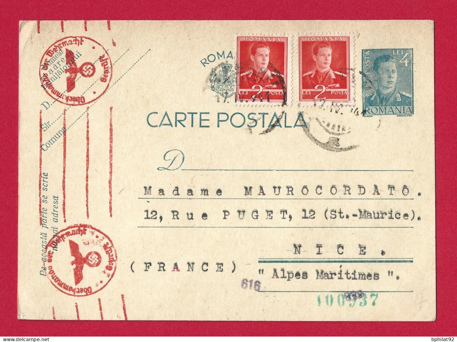 !!! ROUMANIE, ENTIER POSTAL AVEC COMPLÉMENT D'AFFRANCHISSEMENT POUR LA FRANCE DE 1941 AVEC CENSURE ALLEMANDE - Postal Stationery