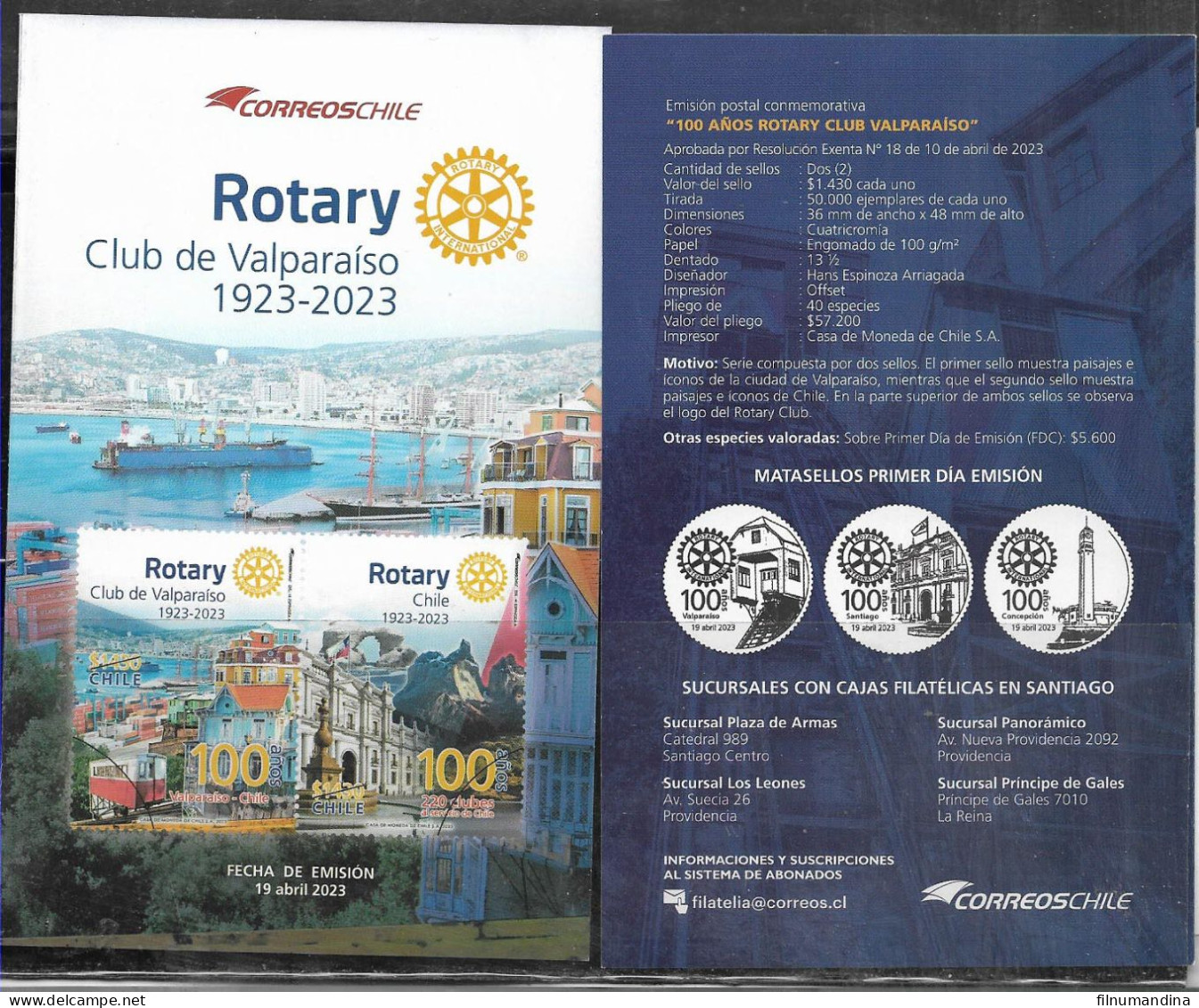 #2639B CHILE 2023 VALPARAISO ROTARY CLUB CENTENARY POST OFFICIAL BROCHURE - Rotary, Lions Club