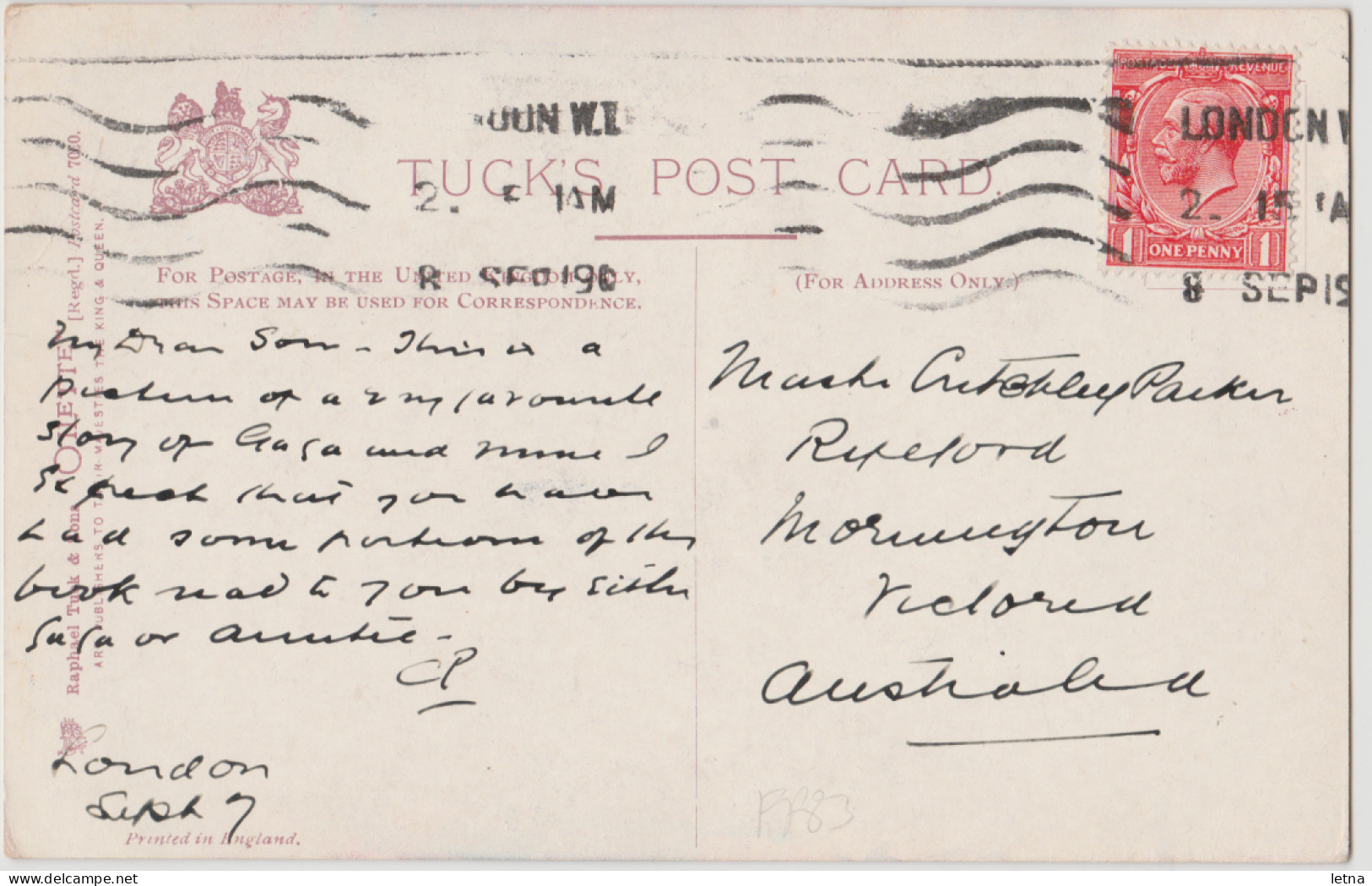 GB GREAT BRITAIN Charles Dickens Centenary DOMBEY & SON Tucks 7060 Postcard 1919 To Australia - Sonstige & Ohne Zuordnung