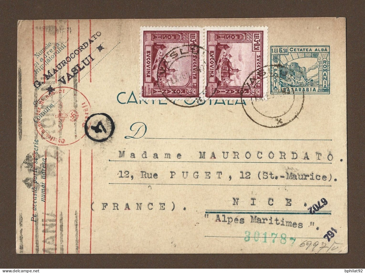 !!! ROUMANIE, ENTIER POSTAL AVEC COMPLÉMENT D'AFFRANCHISSEMENT POUR LA FRANCE DE 1942 AVEC CENSURE ALLEMANDE - Postal Stationery