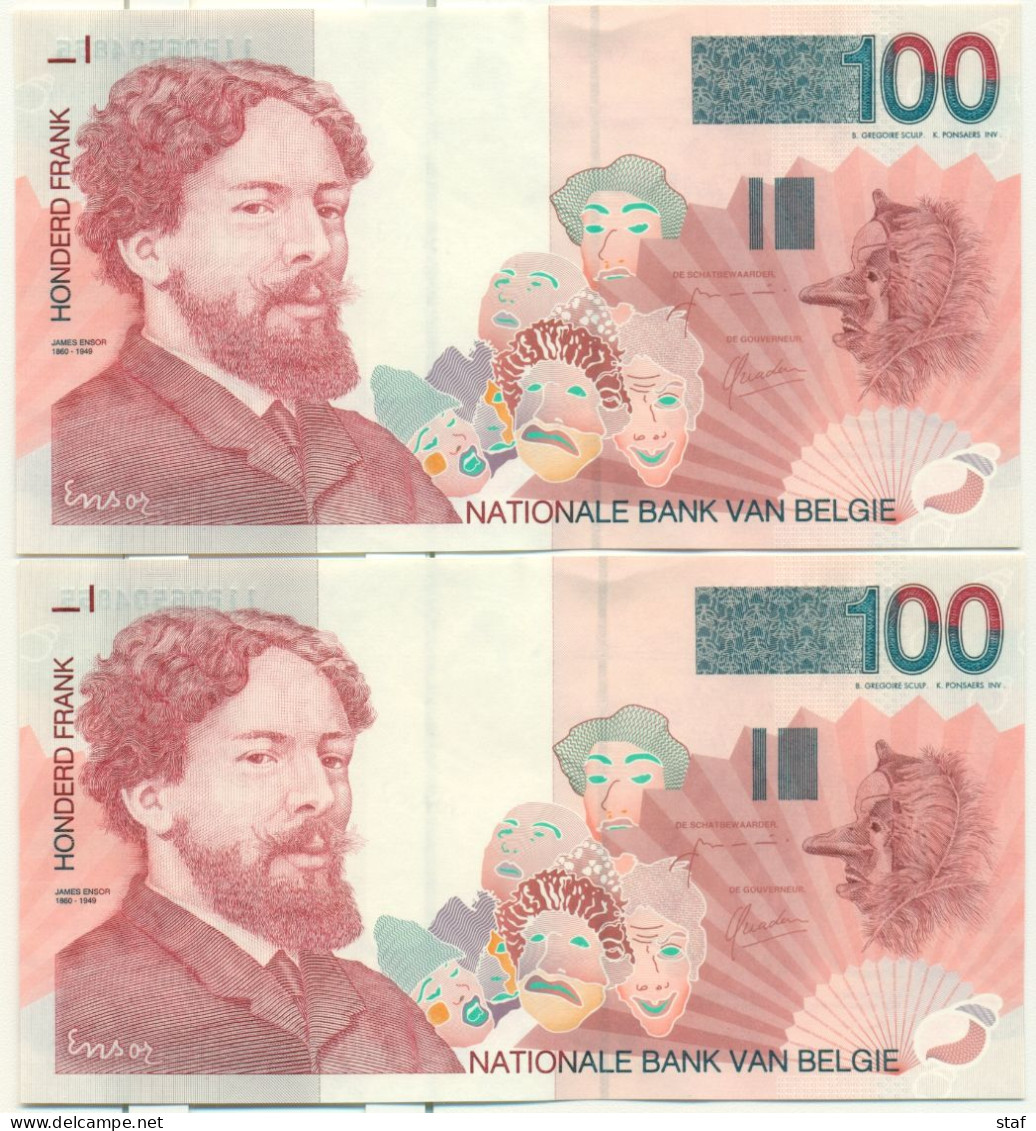 Belgique Belgie : 100 Francs - Ensor - 2 Biljetten Met Opeenvolgend Nummer RRR -  Niet Geplooid !!! Pas Plié !!! - 100 Francos