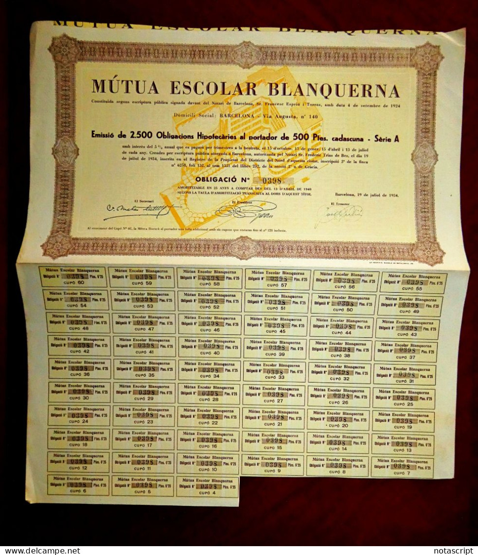 Mútua Escolar Blanquerna, Barcelona, 1934 ,school Bond Certificate - Other & Unclassified