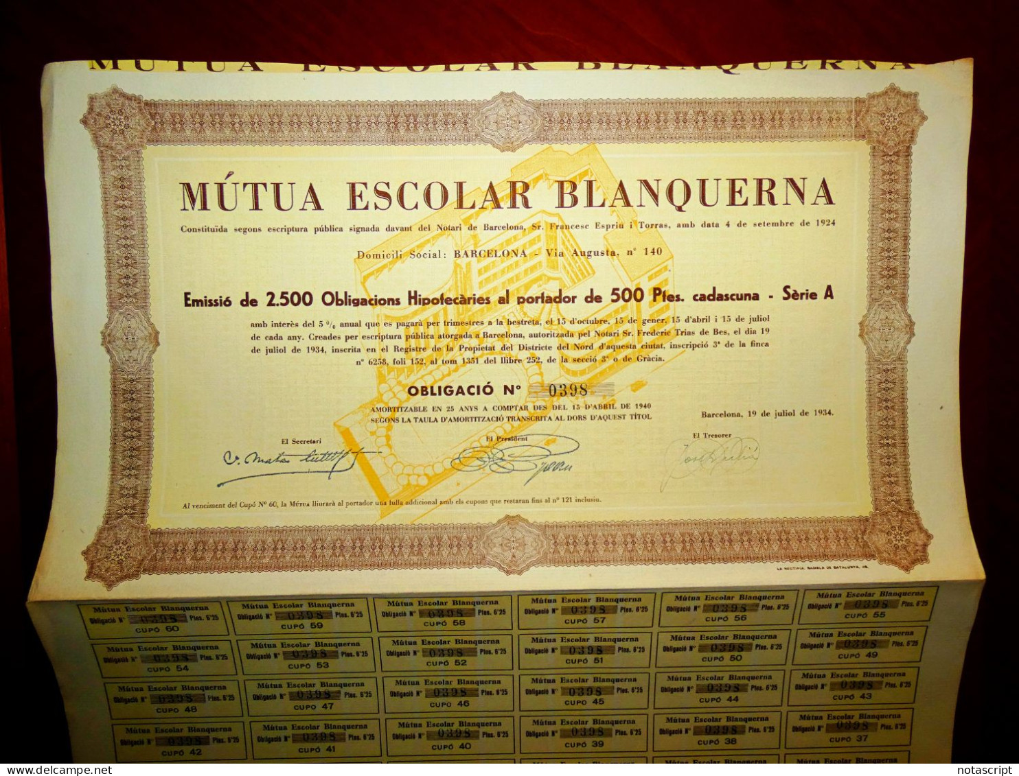 Mútua Escolar Blanquerna, Barcelona, 1934 ,school Bond Certificate - Autres & Non Classés